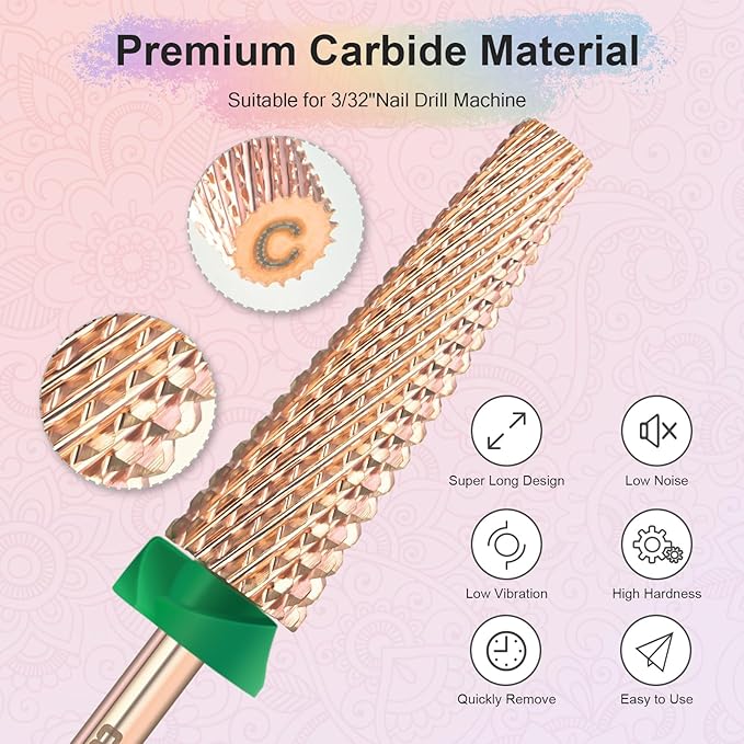 Depvko Super Long 5 in 1 Nail Drill Bits, 3/32'' Carbide Tungsten Bits, Two Way Rotate Professional Advanced Safety Bits for Nail, Fast Remove for Manicure Pedicure (Long 5in1-Rose Gold, Coarse-C)