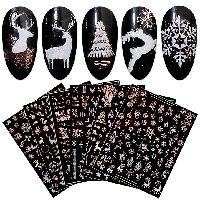 JMEOWIO 9 Sheets Christmas White Glitter Nail Art Stickers Decals Self-Adhesive Snowflake Winter Holiday Rose Gold Nail Supplies Nail Art Design Decoration Accessories