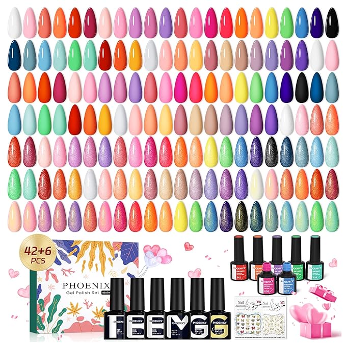 phoenixy 50 Pcs Gel Nail Polish Set, 42 Colors Gel Nail Polish Kit with Base & Glossy Matte Glitter Top Coat Pink Red Purple Blue White Nail Polish Starter Set Gifts for Women Girls