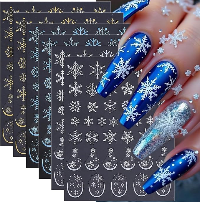 Christmas Nail Art Stickers 6 Pcs Snowflake Nail Stickers 3D Self-Adhesive Winter Nails Decals Blue Gold White Snowflake Nails Designs Stickers Holiday Nails Supplies for Women Xmas DIY Manicure Decor