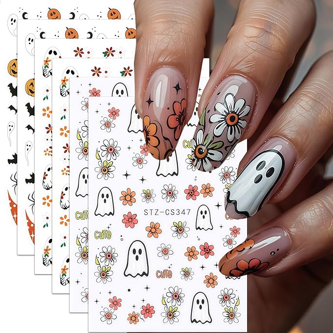 6 Sheets Ghost Nail Stickers for Nail Art, Halloween Nail Decals 3D Self-Adhesive Flower and Spooky Ghost Fall Stickers Design French Tip Nails Sticker Halloween DIY Manicure Decoration for Women