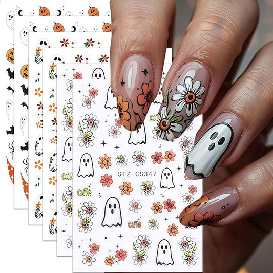6 Sheets Ghost Nail Stickers for Nail Art, Halloween Nail Decals 3D Self-Adhesive Flower and Spooky Ghost Fall Stickers Design French Tip Nails Sticker Halloween DIY Manicure Decoration for Women