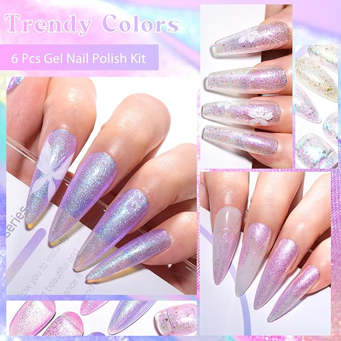 MEET ACROSS Gel Nail Polish Set 6 Pcs Glitter Colors Gel Nail Kit Art Design Soak Off UV LED (SET-2, 6pcs)