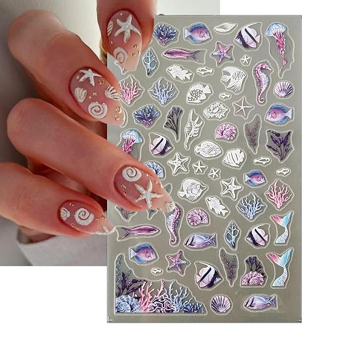 Summer Palm Tree Nail Art Stickers - Beach Sea Wave Self-Adhesive Nail Decals for DIY Shell Sea Star Jellyfish Coconut Tree Manicure (3 Sheets)