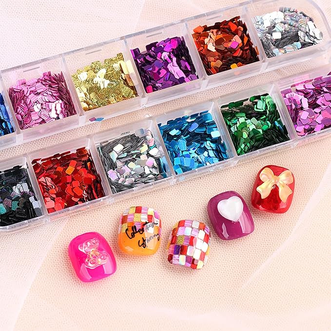 Laser Square Glitter Nail Art Sequins, Holographic 3D 12 Colors Glitter Flakes Design, Rectangle Shape Nail Shiny Supplies for Women Girls Manicure Powder Charms Decorations, DIY Resin Nail Art Tips