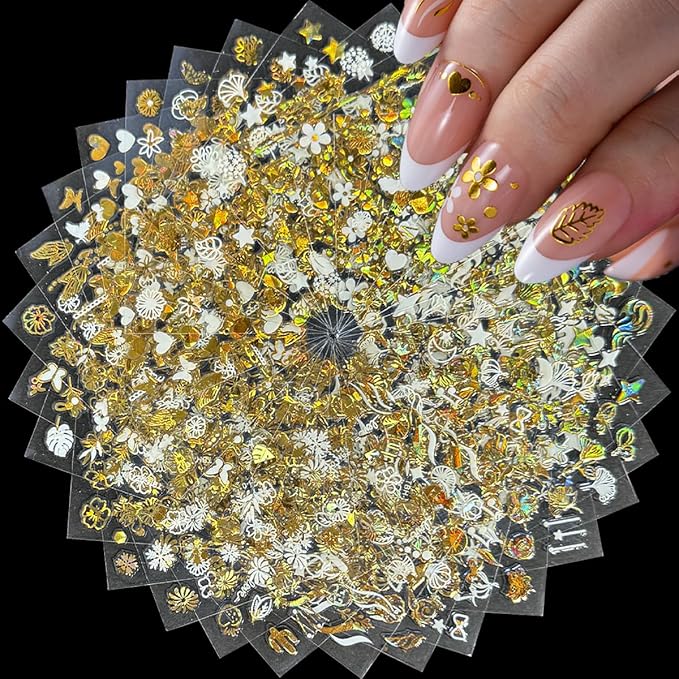 30 Sheets Gold Nail Art Stickers 3D Self-Adhesive Nail Decals Holographic Laser Gold Floral Star Heart Leaf Nail Design Nail Supplies for Women Girls Nail Art Decoration Accessories