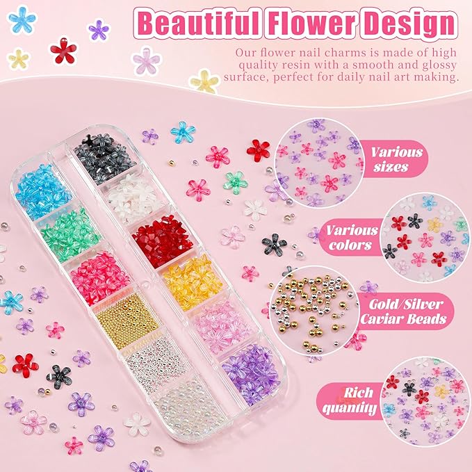 3D Colorful Flower Nail Charms with Nail Beads & Bubble Beads - Transparent Flower Charms, Gold/Silver Caviar Beads and Mixed Sizes Glass Bubble for Women Nails Design DIY Crafts (2-S1-Transparent)