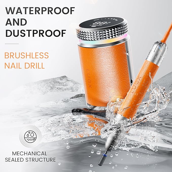 L'UGX Professional Nail Drill, Waterproof 35000RPM Brushless Nail Drill Machine, Rechargeable Nail Efile for Acrylic Gel Nails, Low Noise and Low Vibration