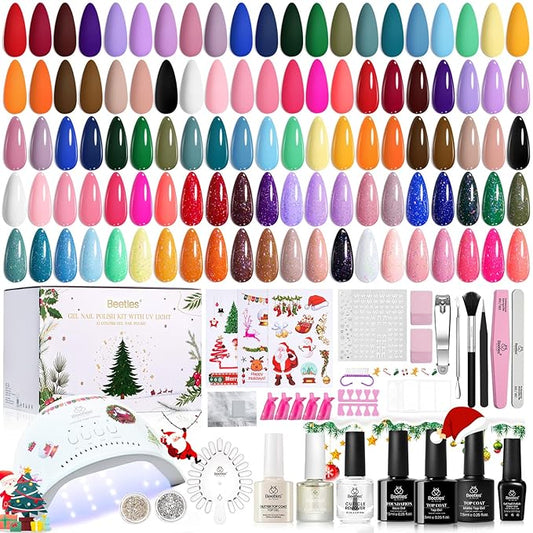 Beetles Christmas Gel Nail Polish Kit 66 Pcs with U V Light - 35 Color Gel Nail Kit Gifts for Teens Girls Women Soak Off Emotional Spectrum Red Winter Manicure Nails Decoration Tool Home DIY Set