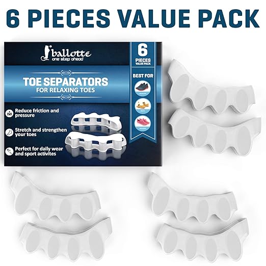 Ballotte Toe Separators, Silicone Toe Spacers for Bunions and Overlapping Hammer Toes, Athletic Tootsie Spacers for Running and Yoga, Foot Finger Splitters for Men & Women (Toe Seperators (White 6-Pack))
