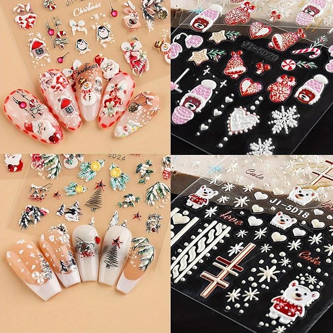 8 Sheets 5D Christmas Nail Art Stickers Self-Adhesive Embossed Cute Santa Claus Reindeer Xmas Tree Designs Cartoon DIY Xmas Nail Art Stickers Decals Christmas Nail Supplies for Women Nails Art Decor