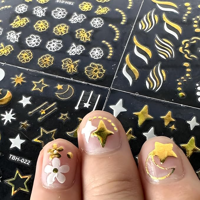 Gold Nail Art Stickers - 30 Sheets, 3D Self-Adhesive Leaf, Flower, Star, Moon, Heart, Snowflake Designs for Women & Girls
