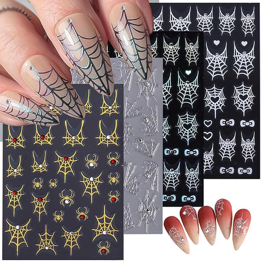 4 Sheets 5D Embossed Halloween Nail Stickers for Nail Art Self-Adhesive Ghost Spider Web Spider Nail Decals Laser Gold Silver Rhinestones Nail Designs Stickers Holiday Nails Supplies for Women DIY