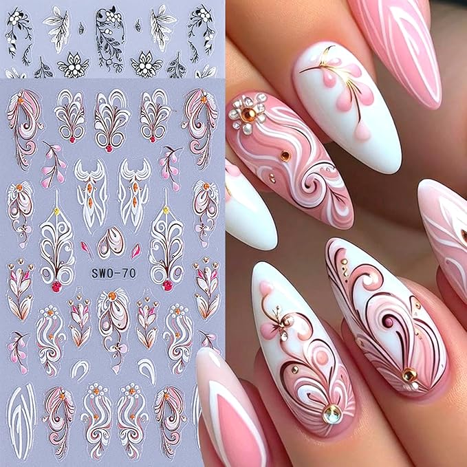 2Sheets Retro Black White Vine Flowers Nail Art Stickers 3D Embossed Pink Flower Vine Designs Nail Decals Self-Adhesive Floral Leaves French Nail Sticker Spring Nails Supplies for Women Nails Decor