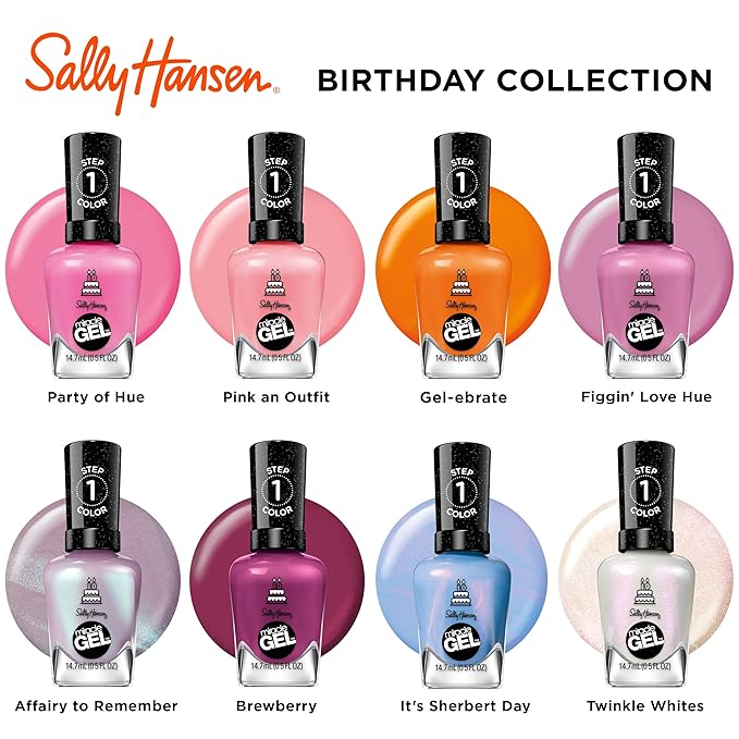 Sally Hansen Miracle Gel Salon Quality Nail Polish | Gel-Like Formula, Two-Step System, No UV Light Needed, Long Lasting | Sheer, Glittery | 386 Gelebrate | Bright Orange Nail Color
