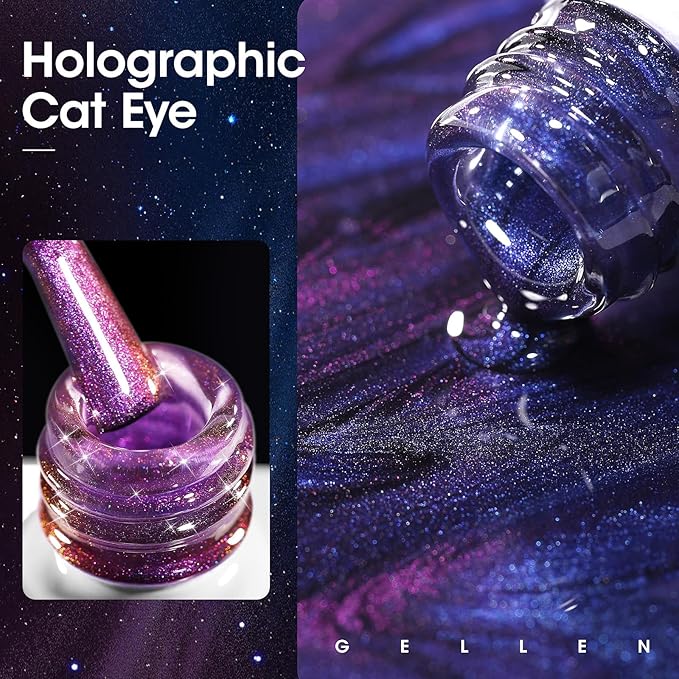 GELLEN 9D Cat Eye Gel Nail Polish, 6 Colors Magnetic Cat Eye Gel Polish Set with Magnets, Purple Blue Pink Yellow Green Holographic Galaxy Nail Polish, Glitter UV Gel Nail Kit for Salon Home Nail Art
