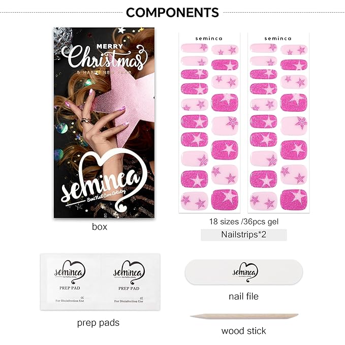 Semi Cured Gel Nail Strips-Magenta Shimmer Press on Nails with Pink Snowflakes & Stars Festive Winter Manicure Set Salon-Quality, Long Lasting, Easy On & Off(Pink Starlet)
