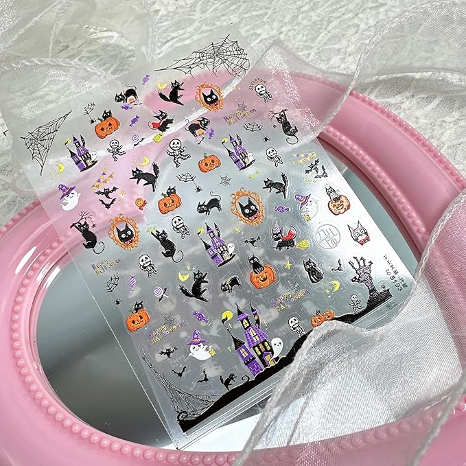1 Sheets Embossed Halloween Nail Stickers for Nail Art Cute Pumpkin Black Cat Nail Decals Self-Adhesive Horror Ghost Skeleton Nail Art Stickers 5D Spider Web Nail Design Decals for Women