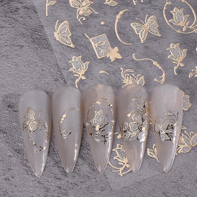 Fall Maple Leaves Nail Art Stickers for Thanksgiving, Gold Maple Leaves Nail Decals 3D Self-Adhesive with Flowers Butterfly Design 6Pcs French Tip Glitter Nail Art Supplies for Women Nail Decoration
