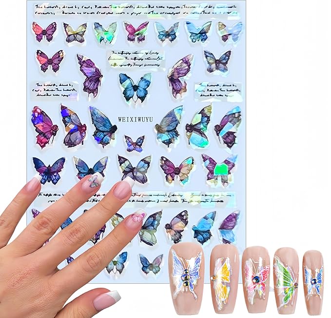 6Sheets Butterfly Nail Art Stickers Aurora Shell Butterfly Nail Decals Self Adhesive Butterflies Nails Design Stickers Glitter Butterflies Gradient Nail Supplies for Women Acrylic Nail Decoration