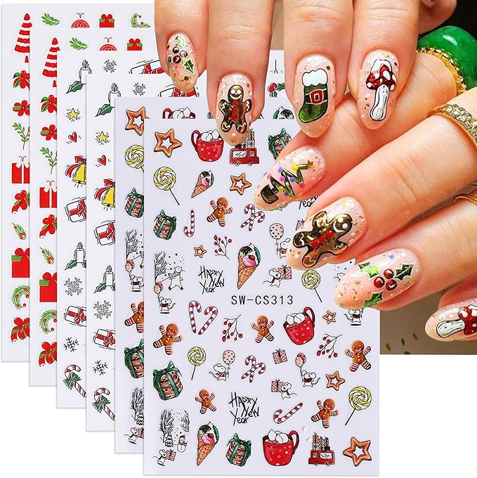 Christmas Nail Art Stickers Decals 3D Christmas Nail Stickers for Nail Art 6PCS Gingerbread Man Candy Cane Santa Claus Holly Cartoon Xmas Nails Design Adhesive Sliders Accessories for Nail Decorations