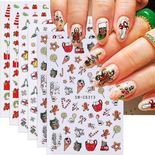 Christmas Nail Art Stickers Decals 3D Christmas Nail Stickers for Nail Art 6PCS Gingerbread Man Candy Cane Santa Claus Holly Cartoon Xmas Nails Design Adhesive Sliders Accessories for Nail Decorations