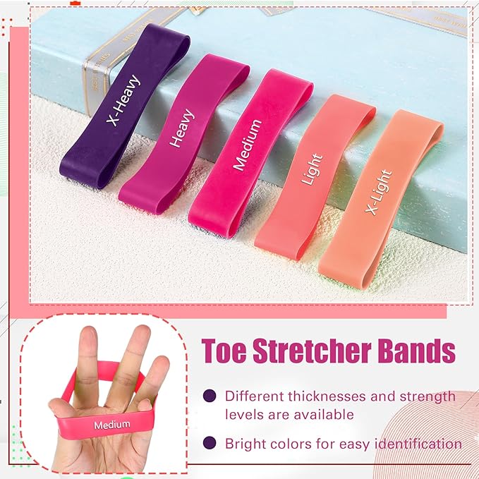 Set of 5 Toe Stretcher Bands for Bunions Correction Foot Big Toe Spacers Resistance Straightener Loop Bands with Carry Bag for Women Men Hallux Valgus Alignment Yoga Exercise(Pink)