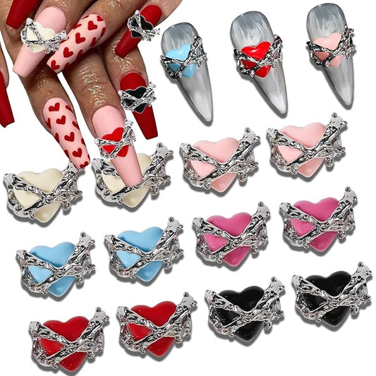 12Pcs 3D Heart Nail Charms Supplies Alloy Valentines Nail Charms Decoration Colorful Heart Charms for Nails Valentines Day Nail Charms with Design Valentines Nail Jewelry Gems Accessories