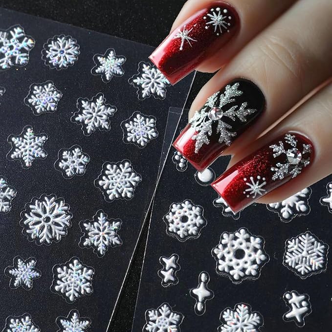 4Sheets Self-Adhesive White Snowflake Nail Art Stickers 3D Embossed Christmas Nail Decals Snowflakes Nail Stickers with Shell Light Design Nail Decal White Bow Star Nail Sticker for Women Nails Decor