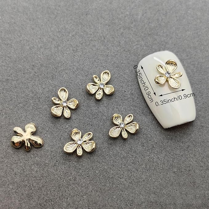 40PCS Gold Flower Nail Art Charms, 3D Metal Alloy Nail Charms Cute Mini Floral Blossom Designs Manicure Jewelry Charms Rhinestones for Women Nail Art DIY