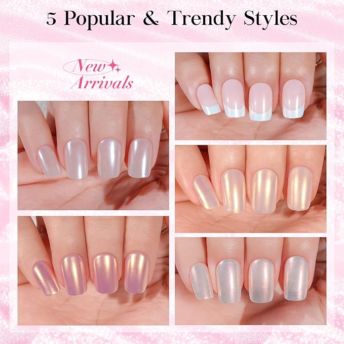 NEW Press on Nails Short, Jofay Fashion 120Pcs Salon-Like Fake Nails with French Mermaid/Pearl/Aurora Chrome Nail Designs, Glossy Artificial Acrylic False Nails, Glue on Nails for Women