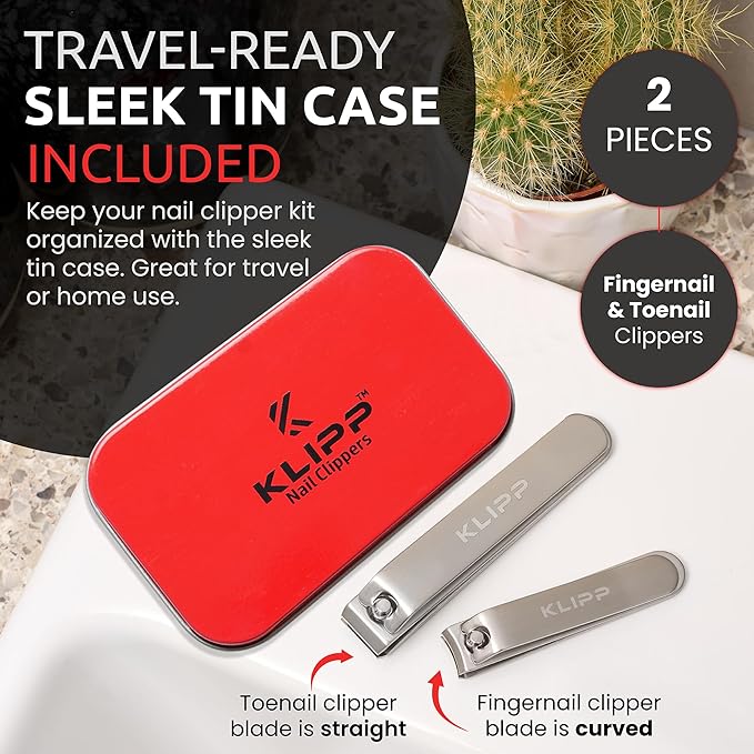Nail Clipper Set for Men & Women – Stainless Steel Fingernail Clipper & Toe Nail Clippers with Curved & Straight Blades Toe Professional Nail Cutter Kit with Tin Case for Gift & Travel