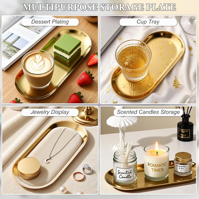2 Pack Stainless Steel Gold Decorative Tray, Small Oval Perfume Jewelry Trinket Dish, Candle Key Manicure Tools Metal Placing Plate, Bathroom Vanity Trays for Dresser Counter