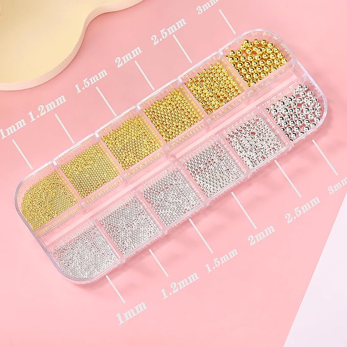 Mini Small Nail Beads Silver Gold Nail Charms and Gems Ball Metal Caviar Bead, Nail Chain for Nail Art Accessories Supplies Gold Rhinestones for Women Manicure 2