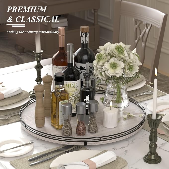 AMH 21-Inch Whitewashed Farmhouse Wooden Lazy Susan Organizer | Smooth rotating - Image 3