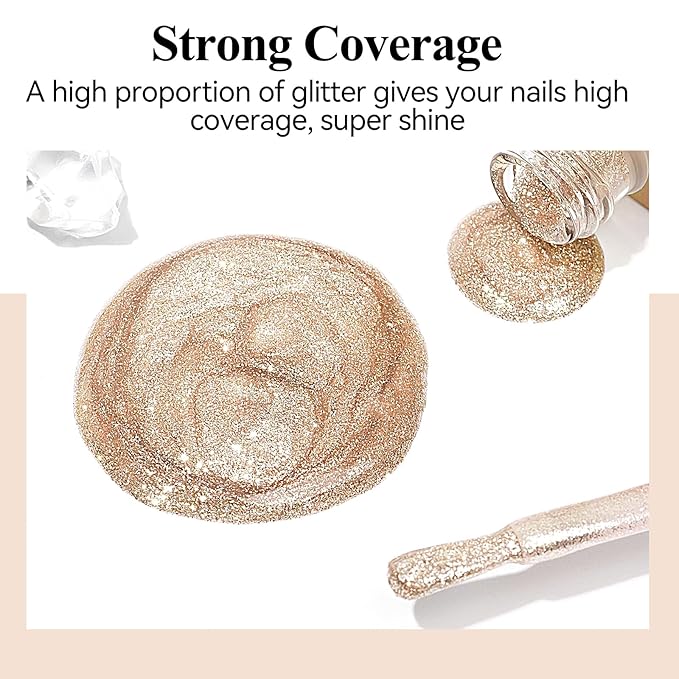 Glitter Nail Polish Quick Dry 12ML, Shimmer Champagne Gold Glitter Nail Polish Sparkly Shine nail polish Holographic Varnish Nail Lacquer Natural Nail Art for Beginner-1PC