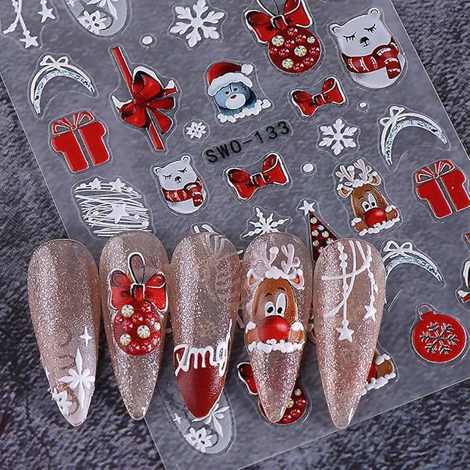Christmas Nail Art Stickers Snowman Nail Decals with Christmas Tree Elk Snowflakes Design 3D Self-Adhesive Nail Stickers Acrylic Nail Supplies for Women DIY Xmas Decor 2 Sheets