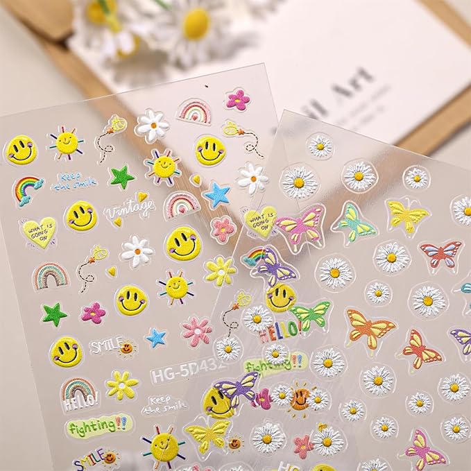 5D Embossed Smiley Face White Daisy Nail Stickers - Floral Face Nail Art Decorations for Manicure A Set of 2 Sheets