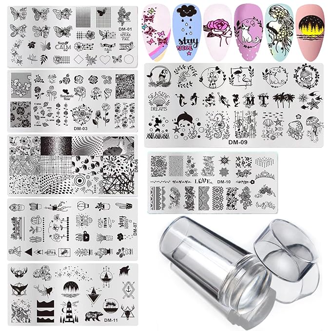 LoveOurHome Nail Stamping Plate Kit Flower Butterfly Lace Animal Fingernails Template Stencil Stamps Plate Silicone Stamper Scraper Manicure Design Tools Set (Flower)