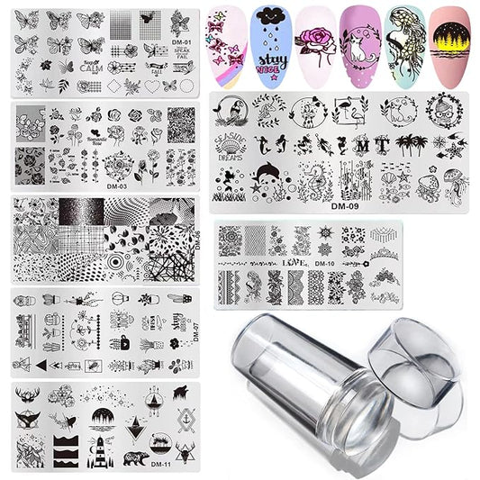 LoveOurHome Nail Stamping Plate Kit Flower Butterfly Lace Animal Fingernails Template Stencil Stamps Plate Silicone Stamper Scraper Manicure Design Tools Set (Flower)