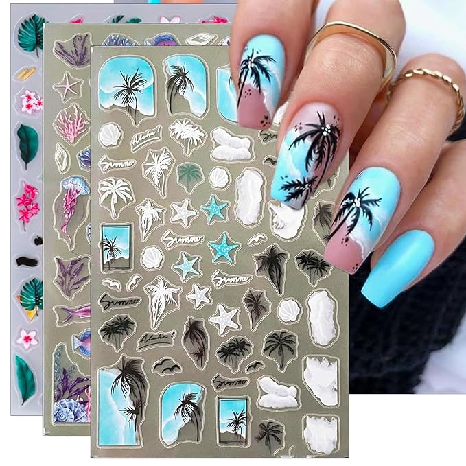 Summer Palm Tree Nail Art Stickers - Beach Sea Wave Self-Adhesive Nail Decals for DIY Shell Sea Star Jellyfish Coconut Tree Manicure (3 Sheets)