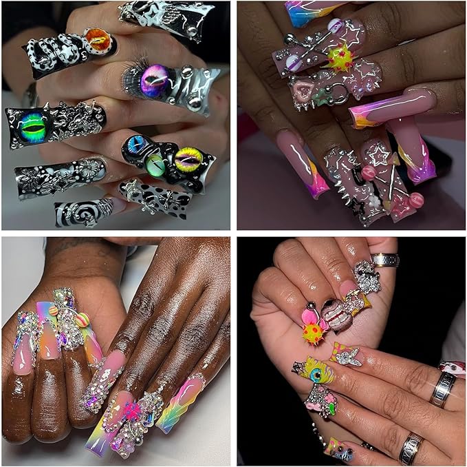 440PCS Nail Charms for Acrylic Nails,Puncture Charms Colourful Alphabet Beads Buttons Eye Nail Accessories Nail Art Supplies Manicure Craft DIY