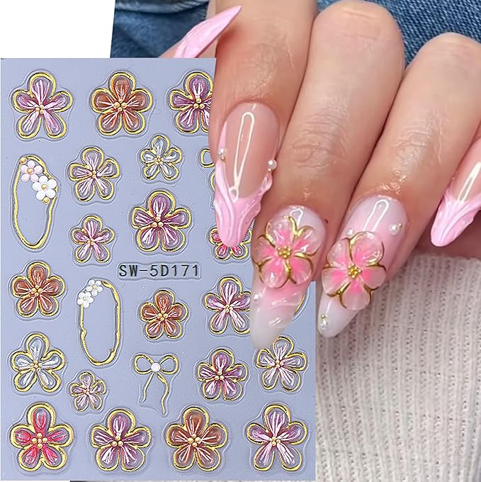 5D Flower Nail Stickers Decals 8PCS Hawaii Hibiscus Nails Art Designs Self Adhesive Embossed Tropical Floral Petals Charms Vacation Stickers Decoration for Women Nail Supplies