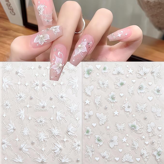 2 Sheets Green White Snow Mowing Flower Nail Art Stickers 5D Embossed Self-Adhesive Pearl Flower Stickers White Feather Lace Design Suitable for Ladies Girls Nail Art Decoration