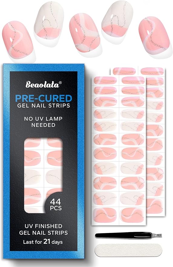 Pre Cured Gel Nail Strips - 44PCS Salon Quality Gel Nail Stickers - Long Lasting Polish Wraps for Women no UV Light Needed Easy Apply& Remove (Marble Pink)