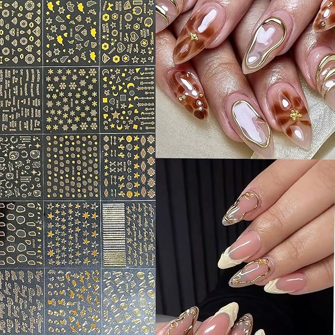 30 Sheets Gold Nail Art Stickers 3D Self-Adhesive Gold Line Nail Stickers Star Moon Heart Nail Design Sticker Lrregular Lines Nail Decals Acrylic Nail Art Supplies for Women
