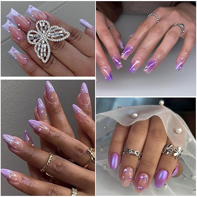 Nail Art Pearls with Rhinestones Glue Gel Flatback Pearls Nail Charms Luxurious Nails Supplies Accessories Gold Silver Gems Jewelry Pearl for Women Nails Design(Purple)