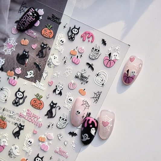 5D Embossed Goth Nail Art Stickers for Nail Art Self-Adhesive Halloween Ghost Nail Stickers Spider Web Pumpkin Bloody Cat Designs Nail Art Supplies Horror Nail Decals for Women Acrylic Manicure Salon