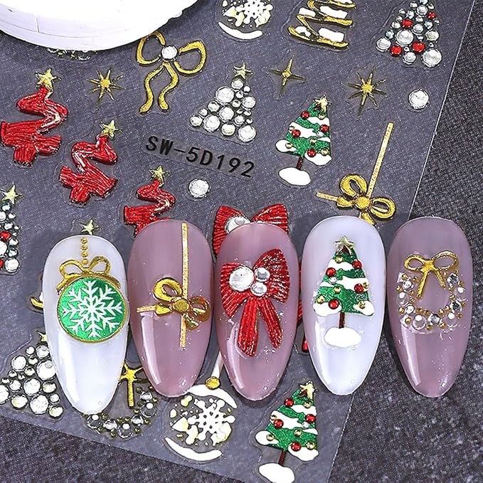 Christmas Nail Art Stickers 5D Embossed Nail Decals with Xmas Tree Light Antler Bow Rhinestones Design Glitter Nail Stickers Acrylic Nail Supplies for Women DIY Christmas Decorations 2 Sheets