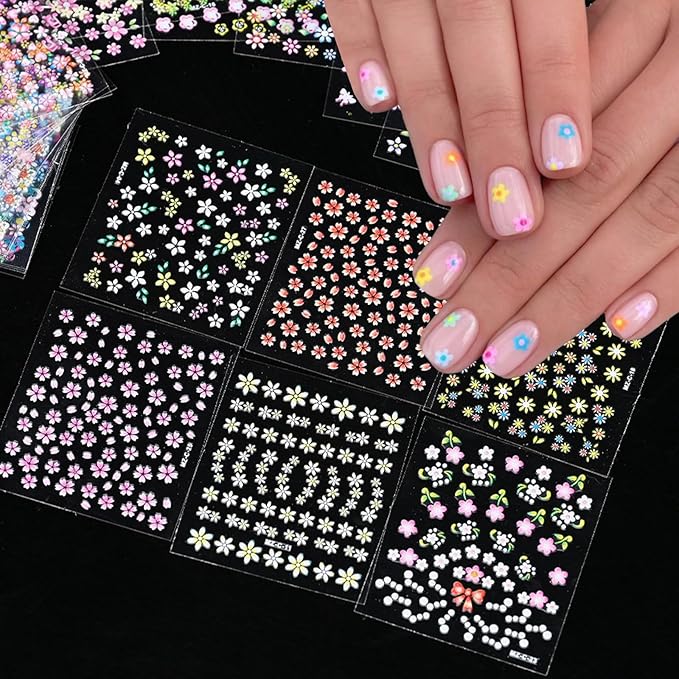 30 Sheets Flower Nail Art Stickers Decals Colorful Flower Nail Stickers 3D Self Adhesive Cute Daisy Floral Nail Decals Heart Nail Supplies Nail Art Design Decoration Accessories for Women and Girls